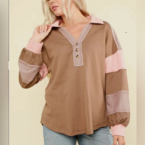 Very J NWT Colorblock Striped Pullover Pink & Brown - Picture 1 of 5